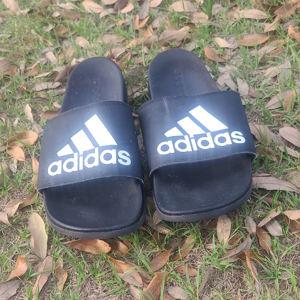 Mens Adidas Black Slides with White Logo Strap Size 15